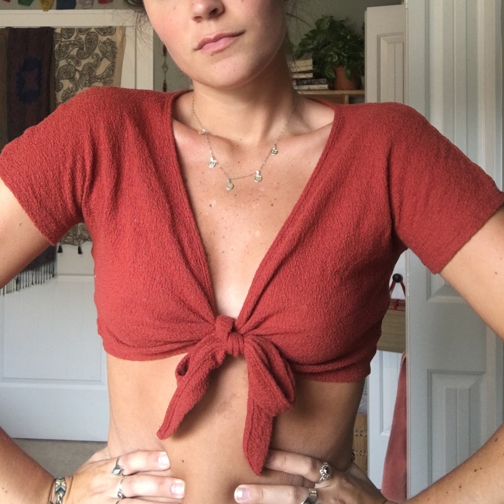 Out from under front tie crop top